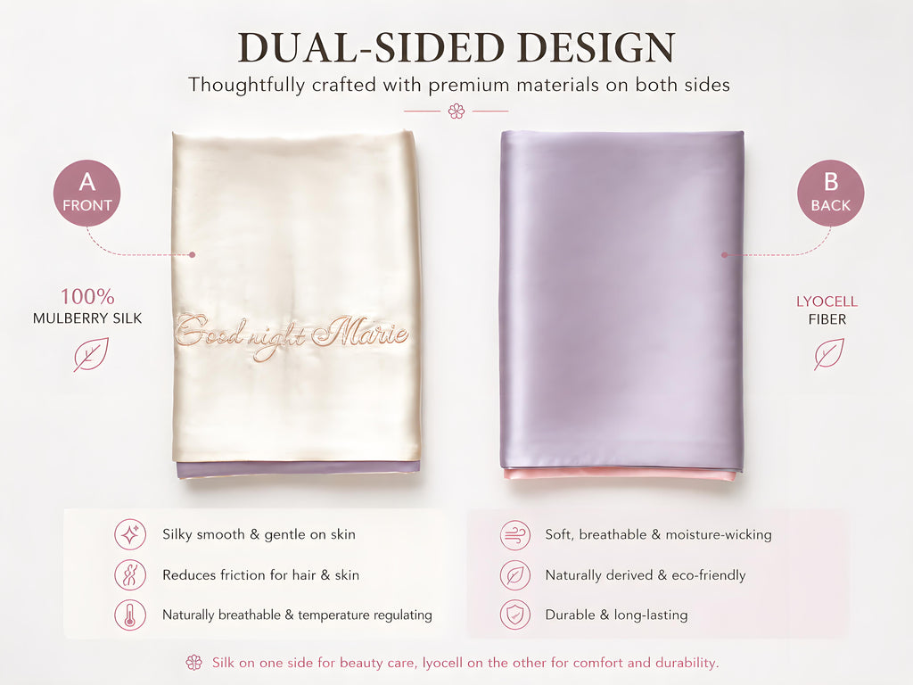 Front and back view of personalized silk pillowcase with smooth finish