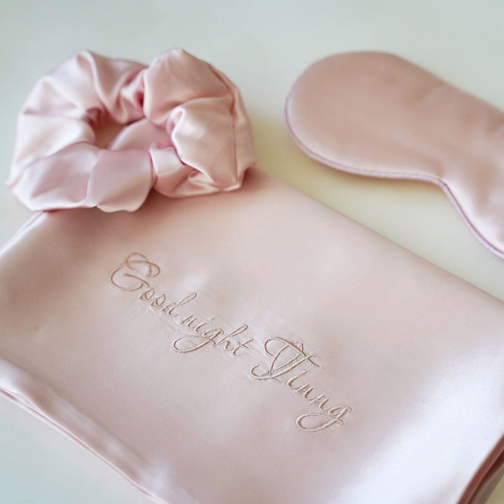 Personalized 22 momme silk pillowcase gift set with matching silk scrunchie and sleep mask
