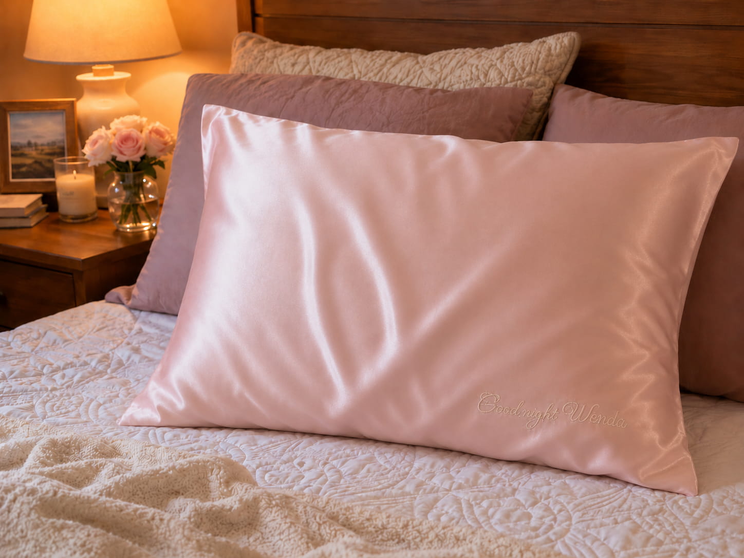 Pink 22 momme double sided mulberry silk pillowcase styled on a cozy bedroom bed scene with custom embroidery