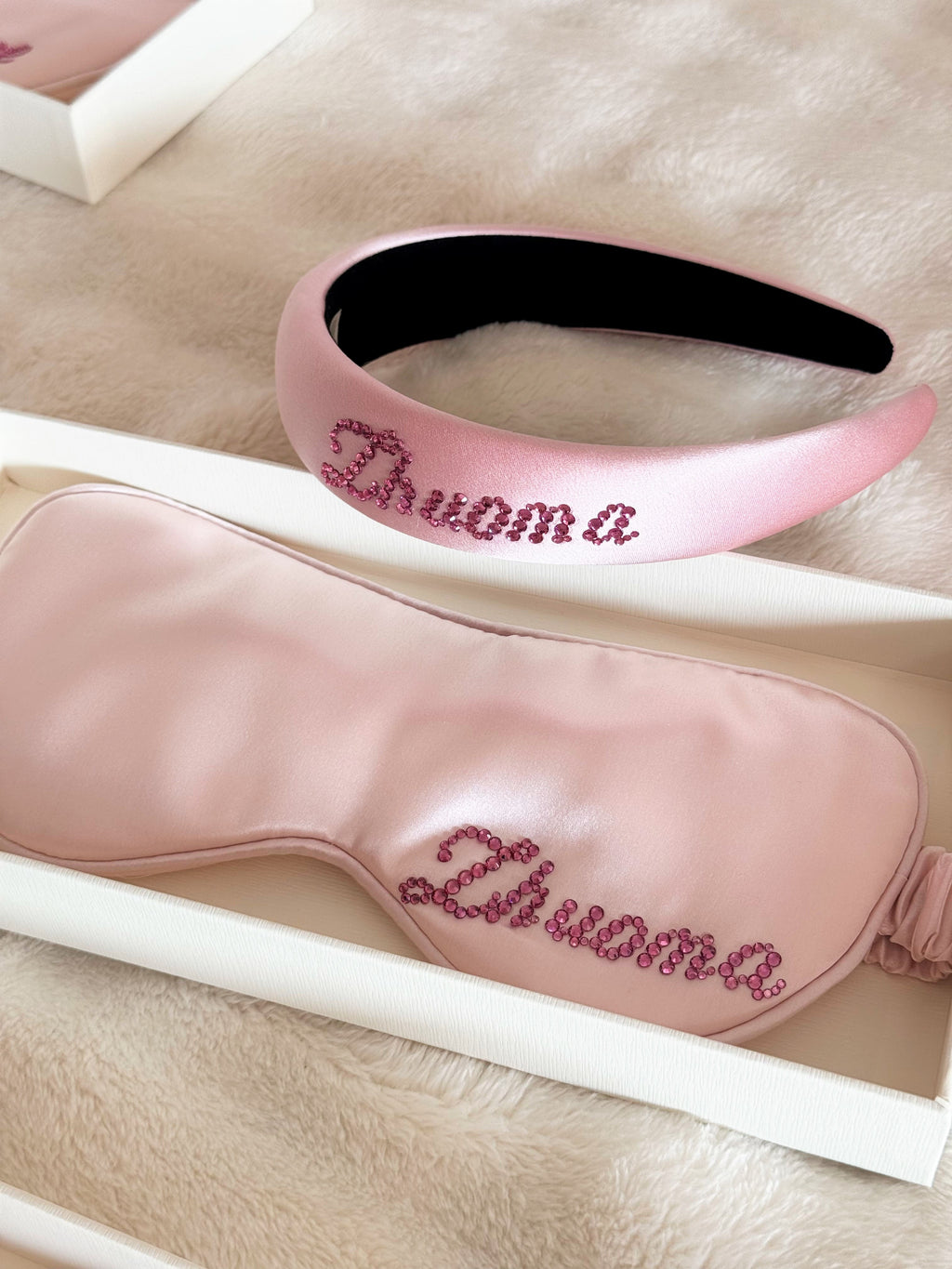 Personalized 22 momme silk sleep mask and silk padded headband set with rhinestone names.