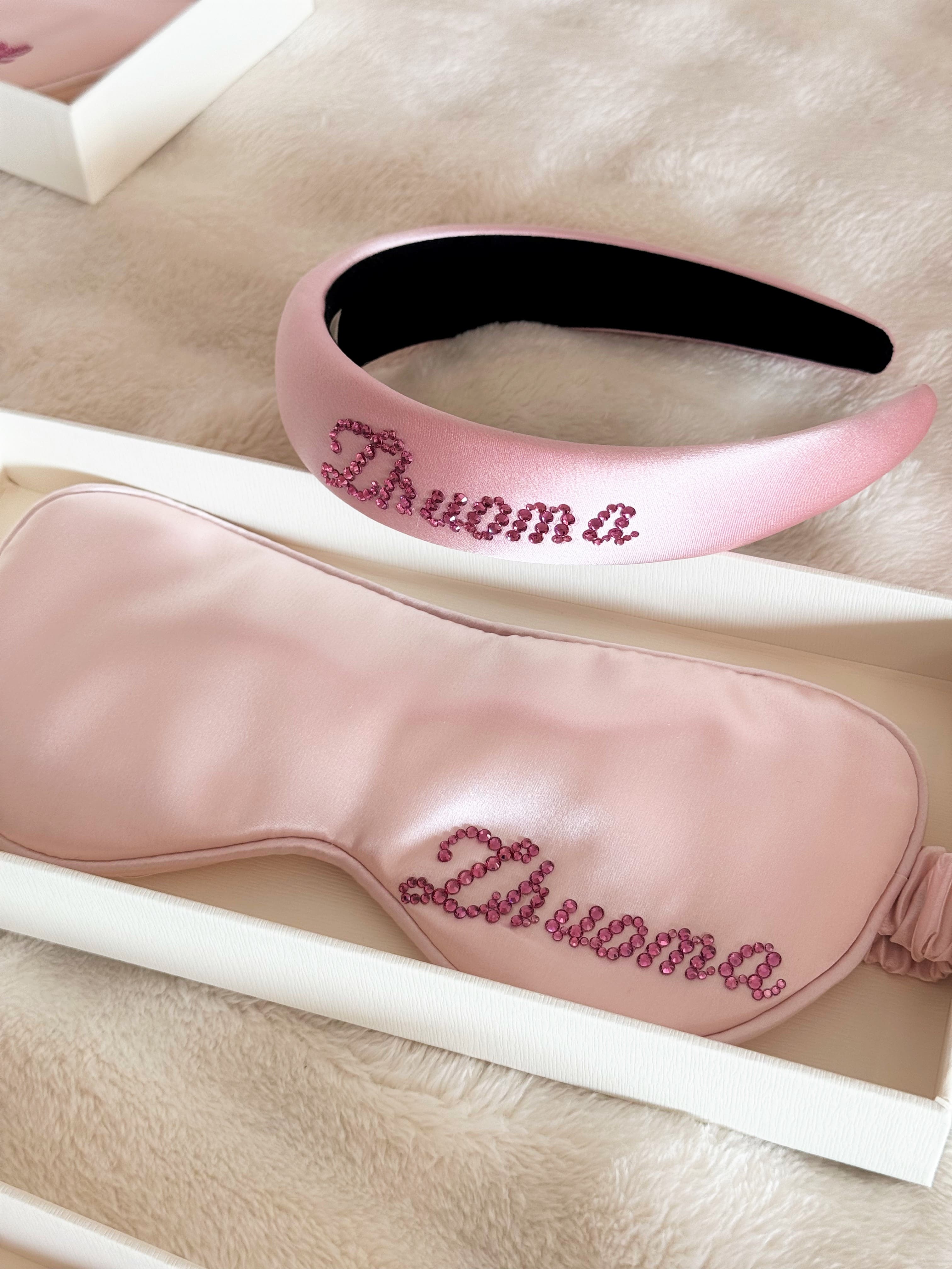 Personalized 22 momme silk sleep mask and silk padded headband set with rhinestone names.