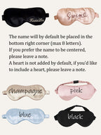 Customization guide for personalized 22 momme silk sleep mask with rhinestone name placement and color options.