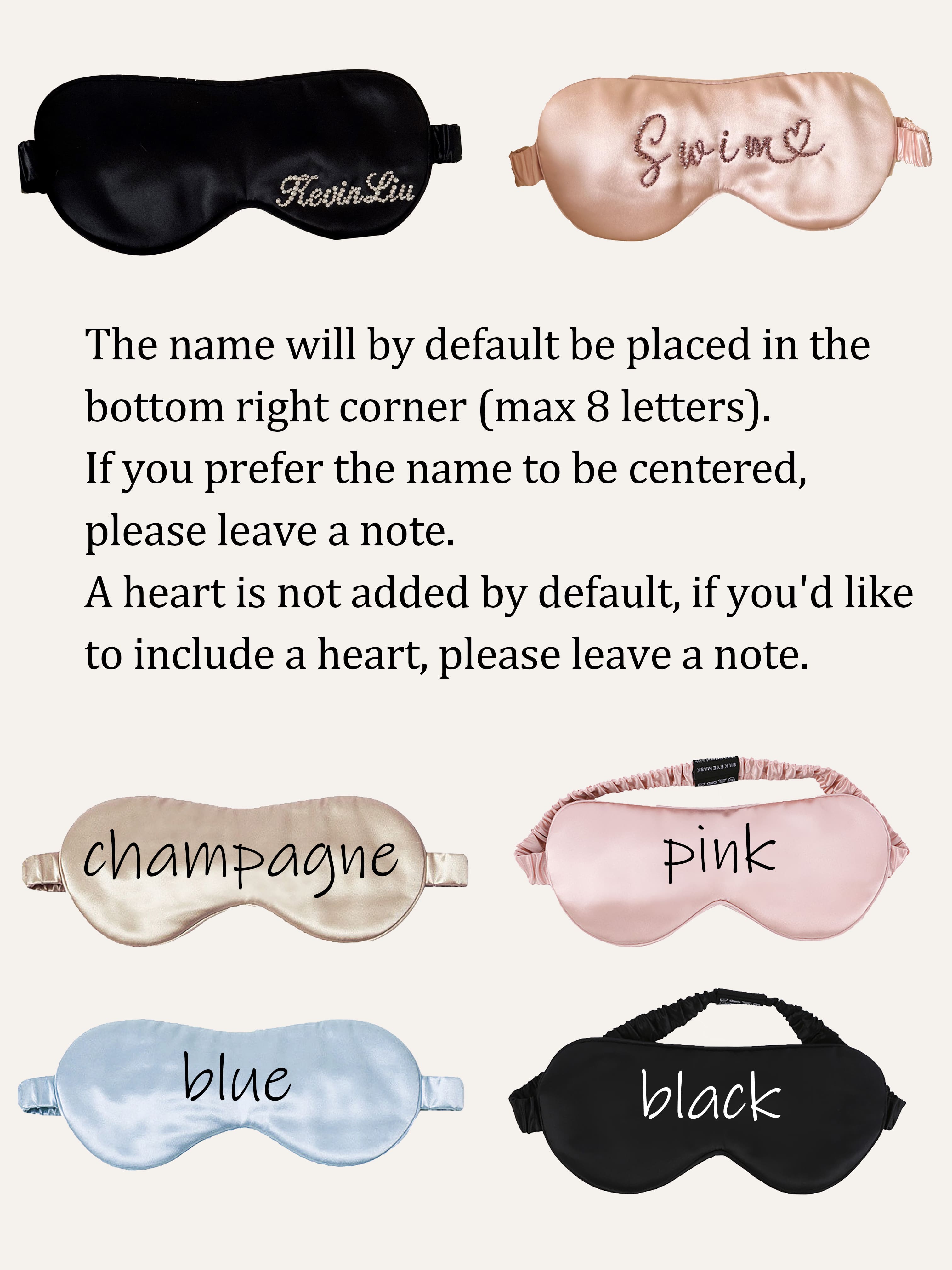 Customization guide for personalized 22 momme silk sleep mask with rhinestone name placement and color options.