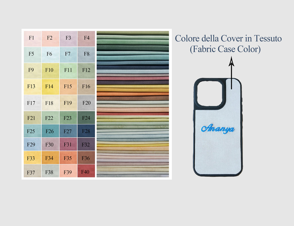 Chart of 40 fabric color options for the phone cases, customizable with embroidered names.