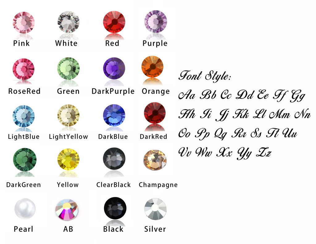 Customization guide: 20 rhinestone colors (such as Pink and Champagne) and cursive font styles for names on brushes.