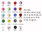 Customization guide: 20 rhinestone colors (such as Pink and Champagne) and cursive font styles for names on brushes.