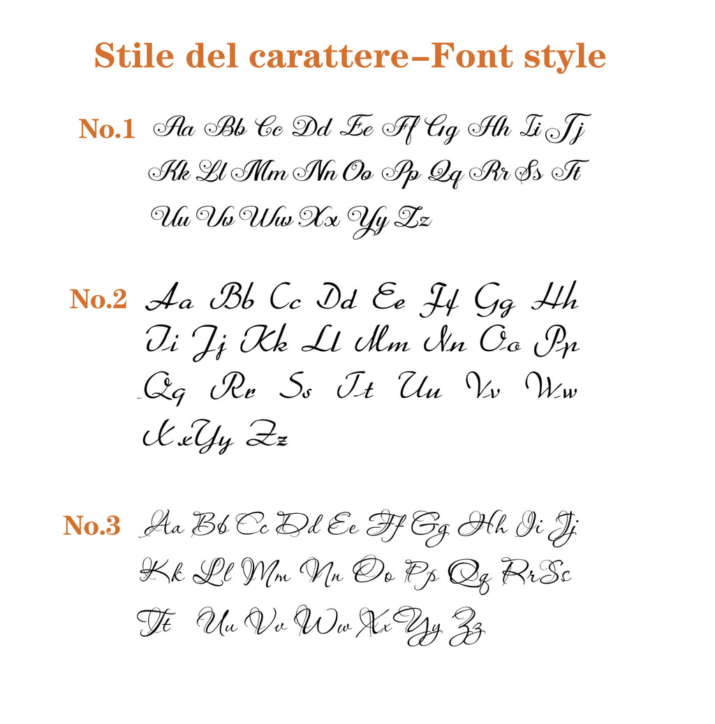 Font style preview for embroidery on linen aprons: 3 elegant cursive options (No.1, No.2, No.3).