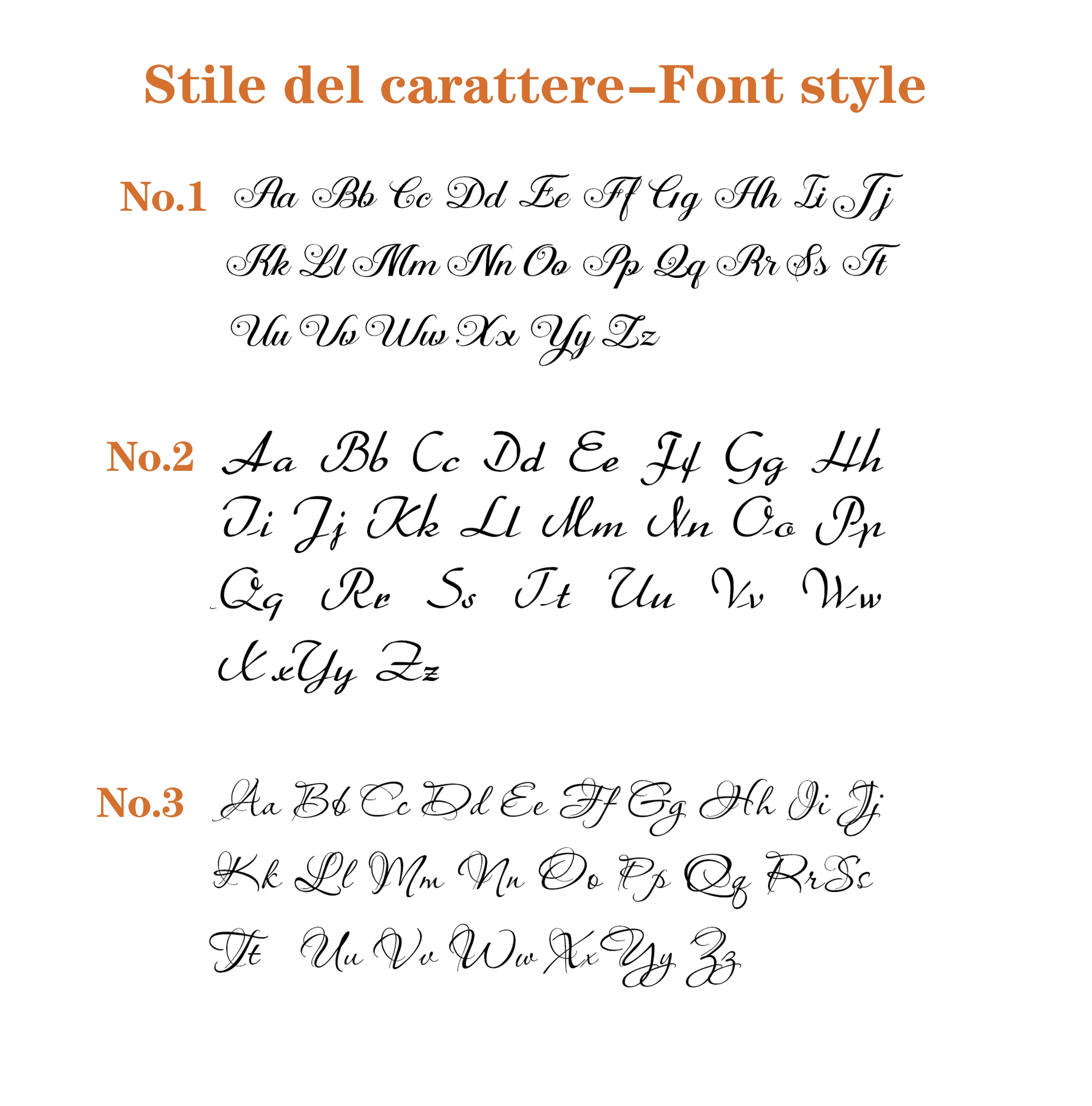 Font style preview for embroidery on linen aprons: 3 elegant cursive options (No.1, No.2, No.3).