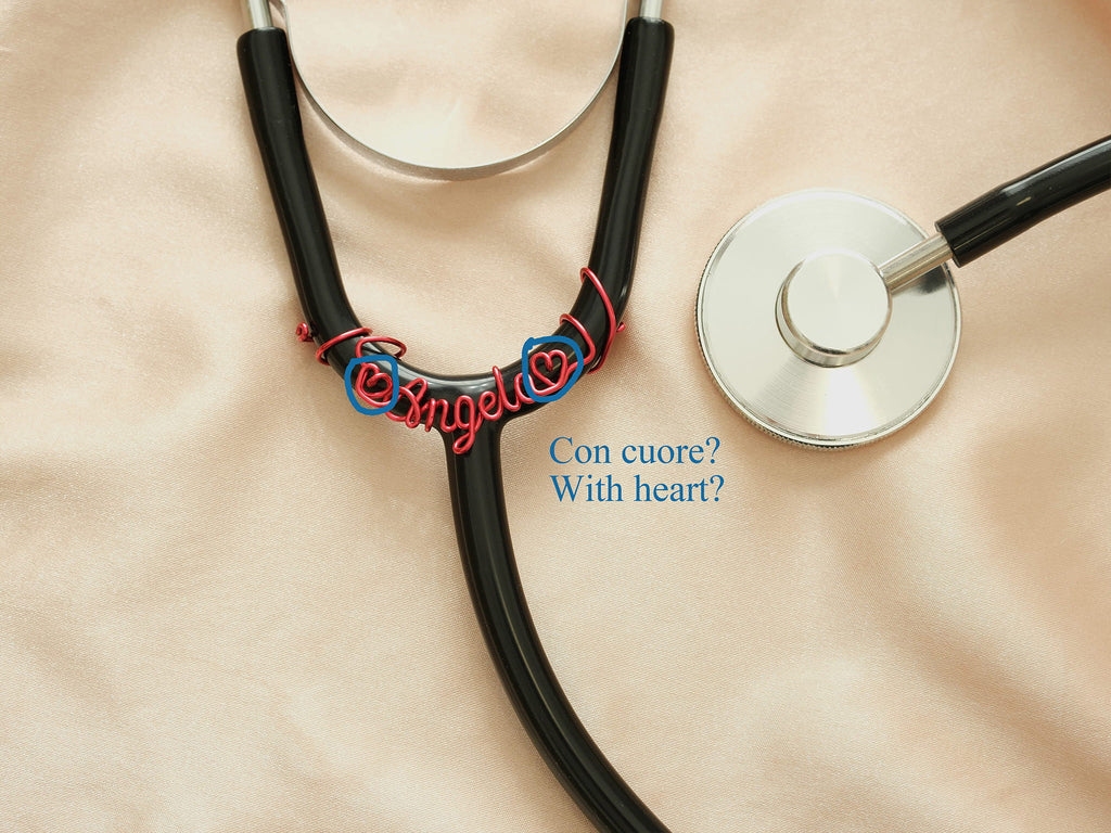 Personalized red stethoscope name tag with an optional heart symbol, a unique gift for doctors and healthcare professionals.