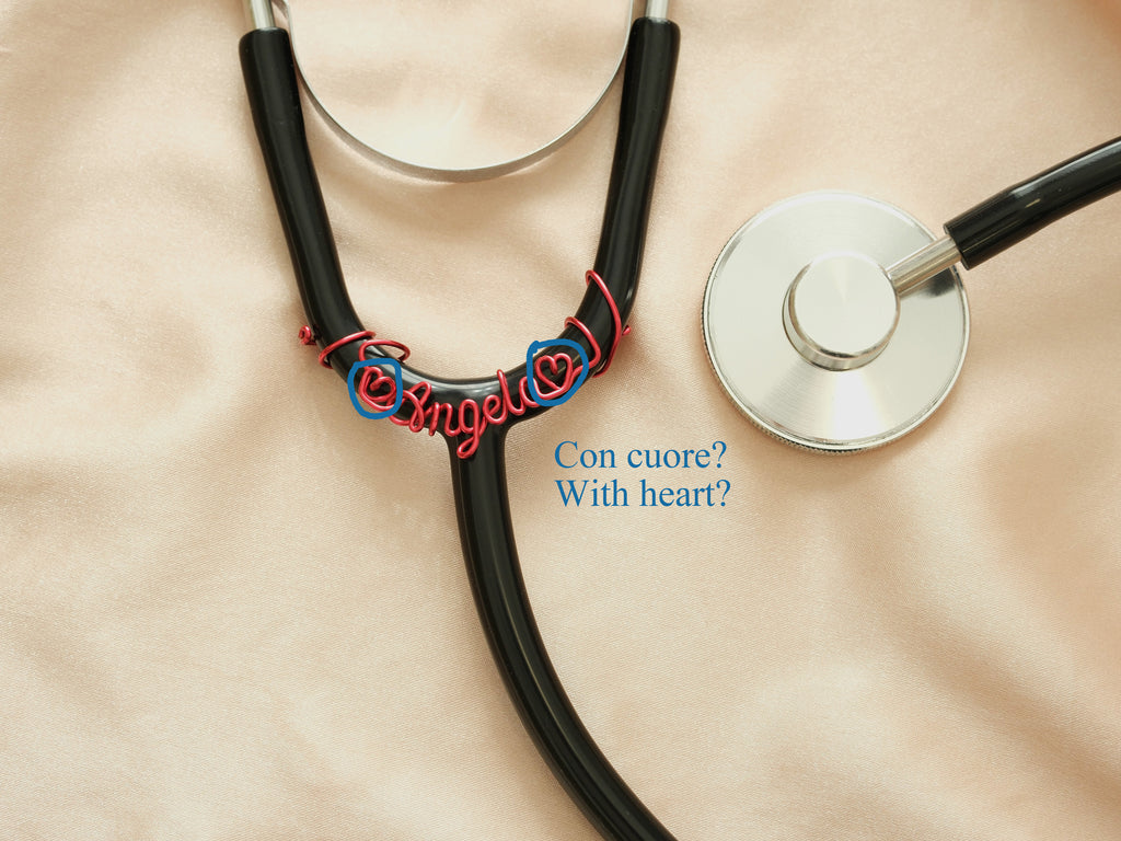 Personalized red stethoscope name tag with an optional heart symbol, a unique gift for doctors and healthcare professionals.