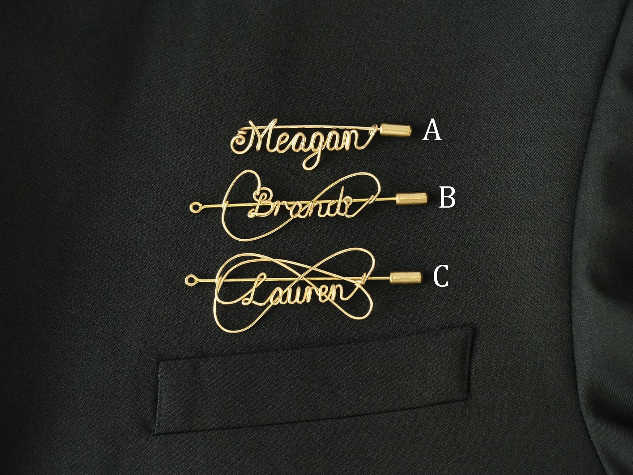 Comparison of three custom name brooch styles marked A, B, and C for selection.