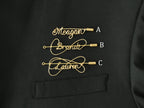 Comparison of three custom name brooch styles marked A, B, and C for selection.