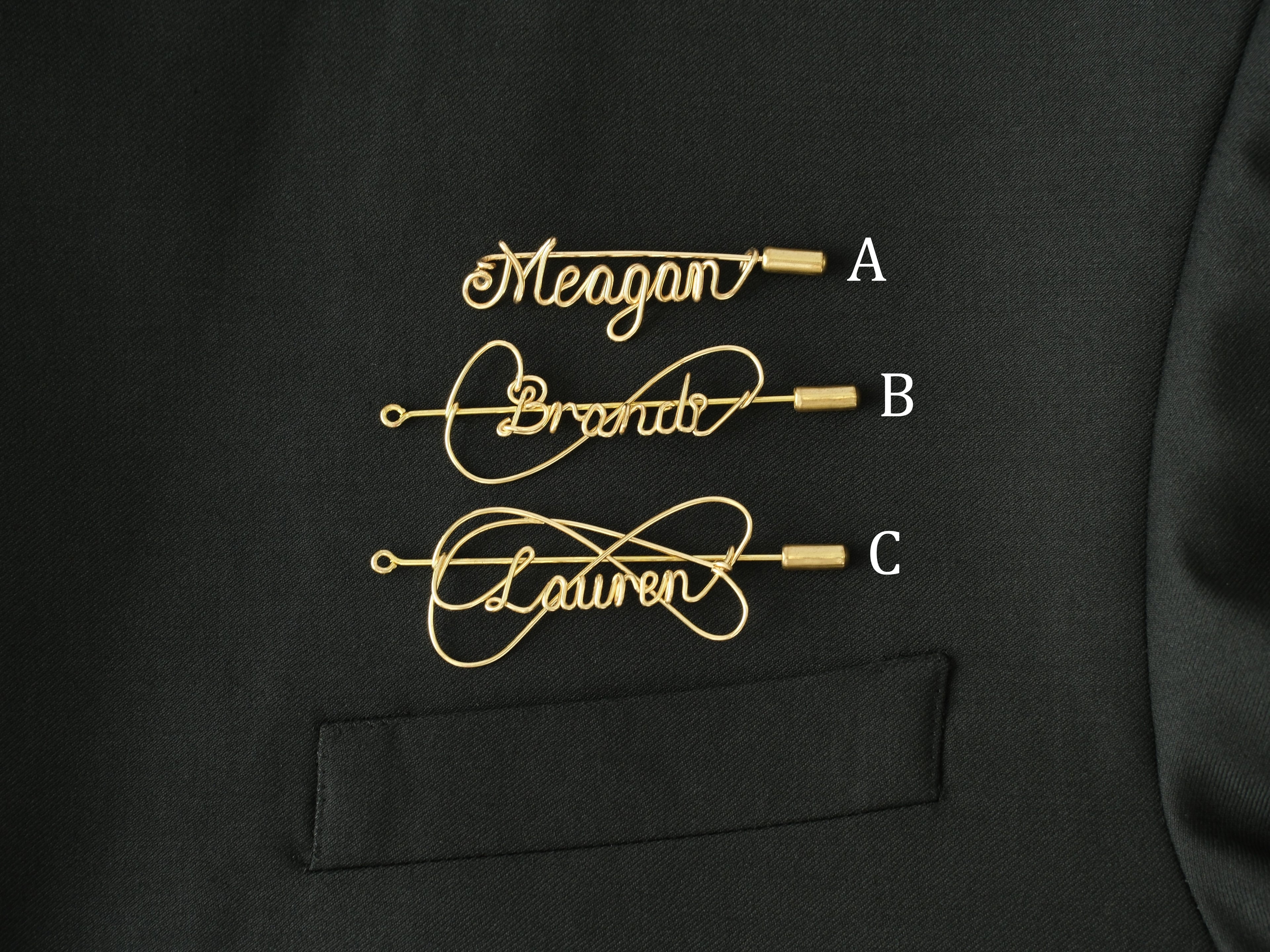 Comparison of three custom name brooch styles marked A, B, and C for selection.