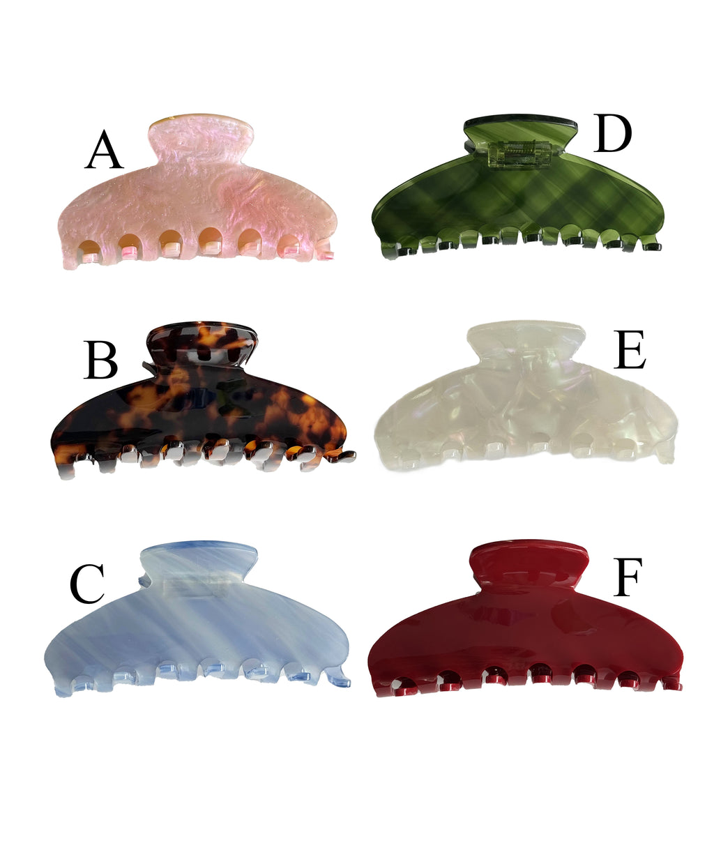 Buying guide: Models A to F of personalized clips in various colors like tortoise shell and pearl white.