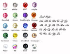Customization guide: 20 rhinestone colors and font preview for personalized name hair clips.