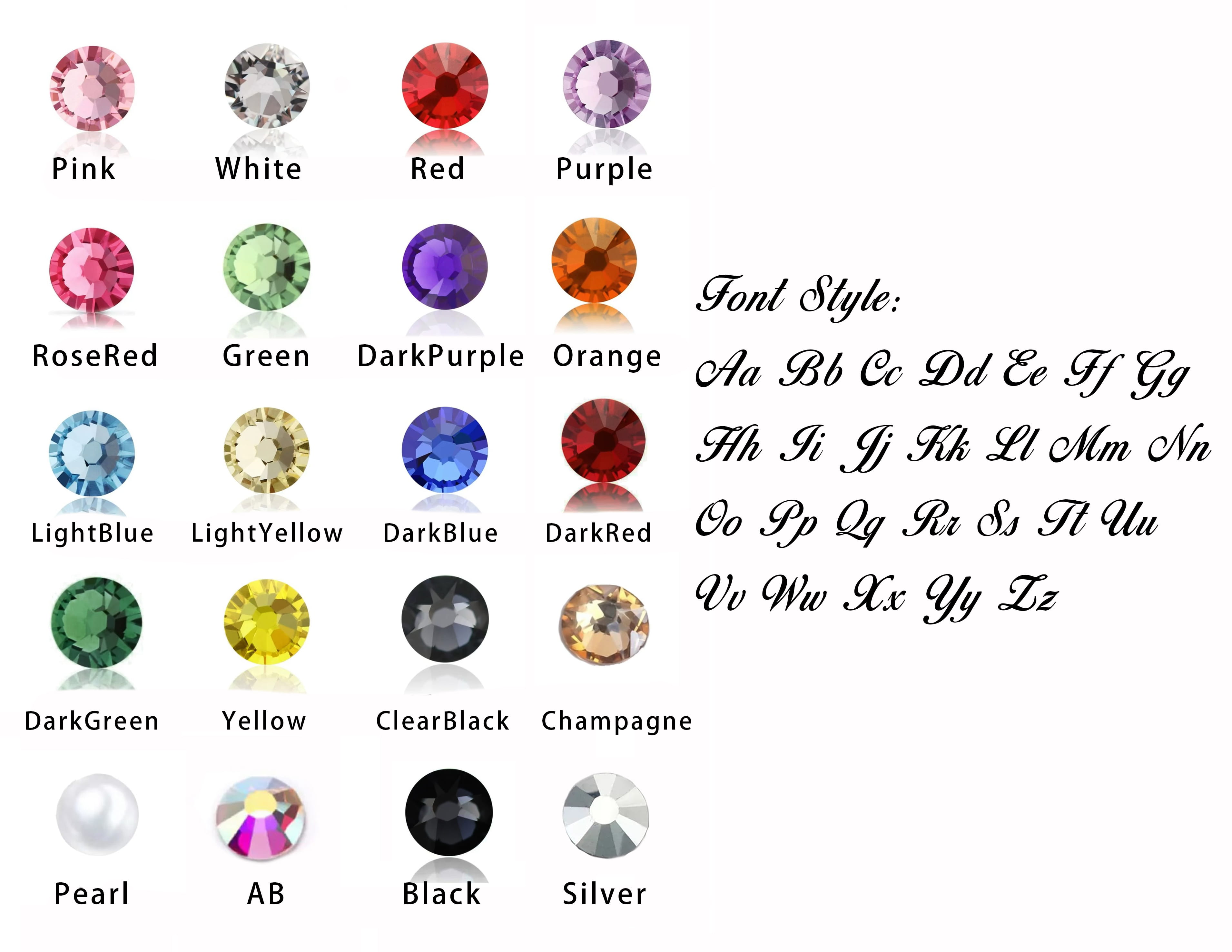 Customization guide: 20 rhinestone colors and font preview for personalized name hair clips.