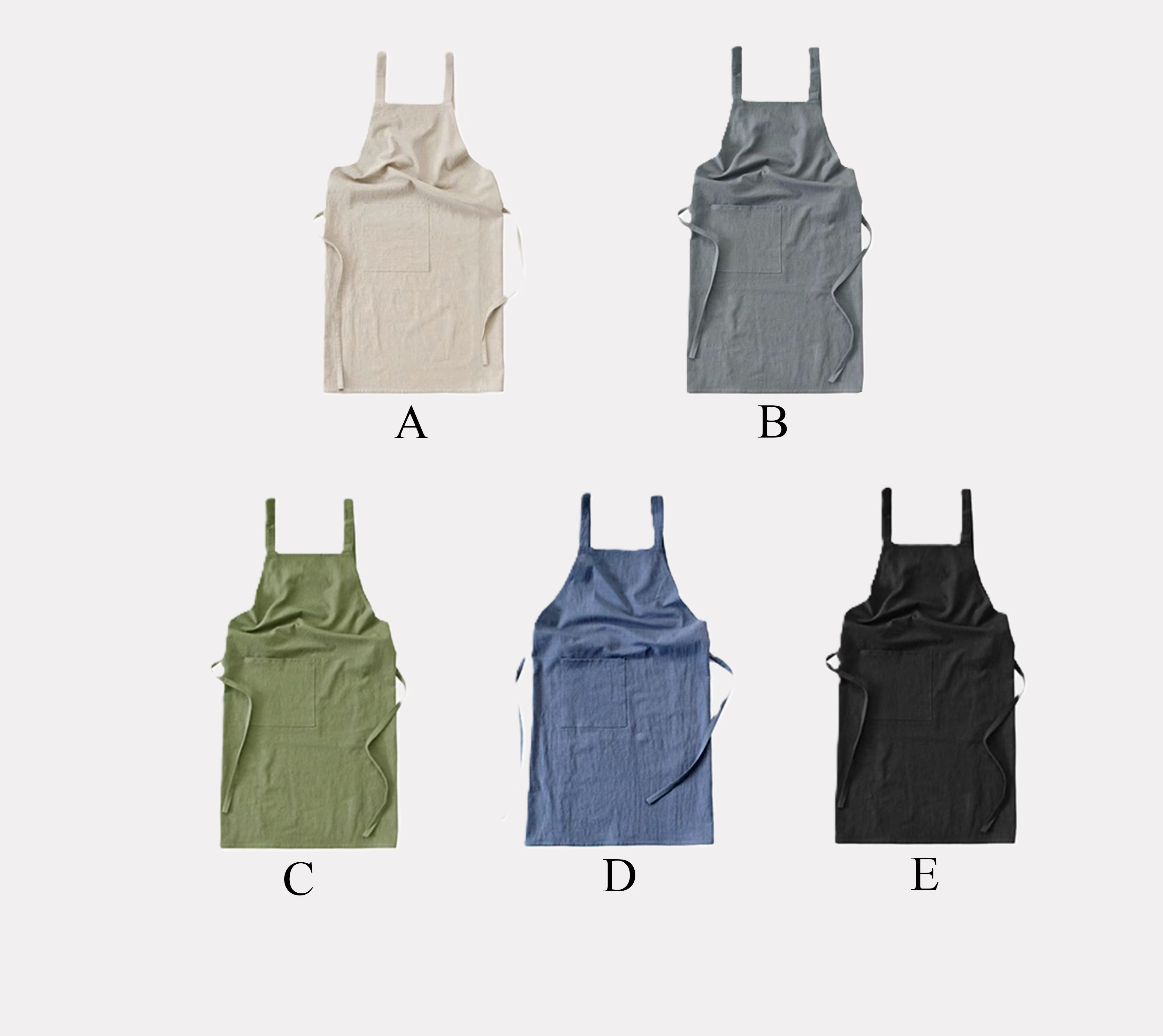 Color guide: 5 linen apron models (A-E) in natural shades like Oat Beige, Olive Green, and Slate Blue.