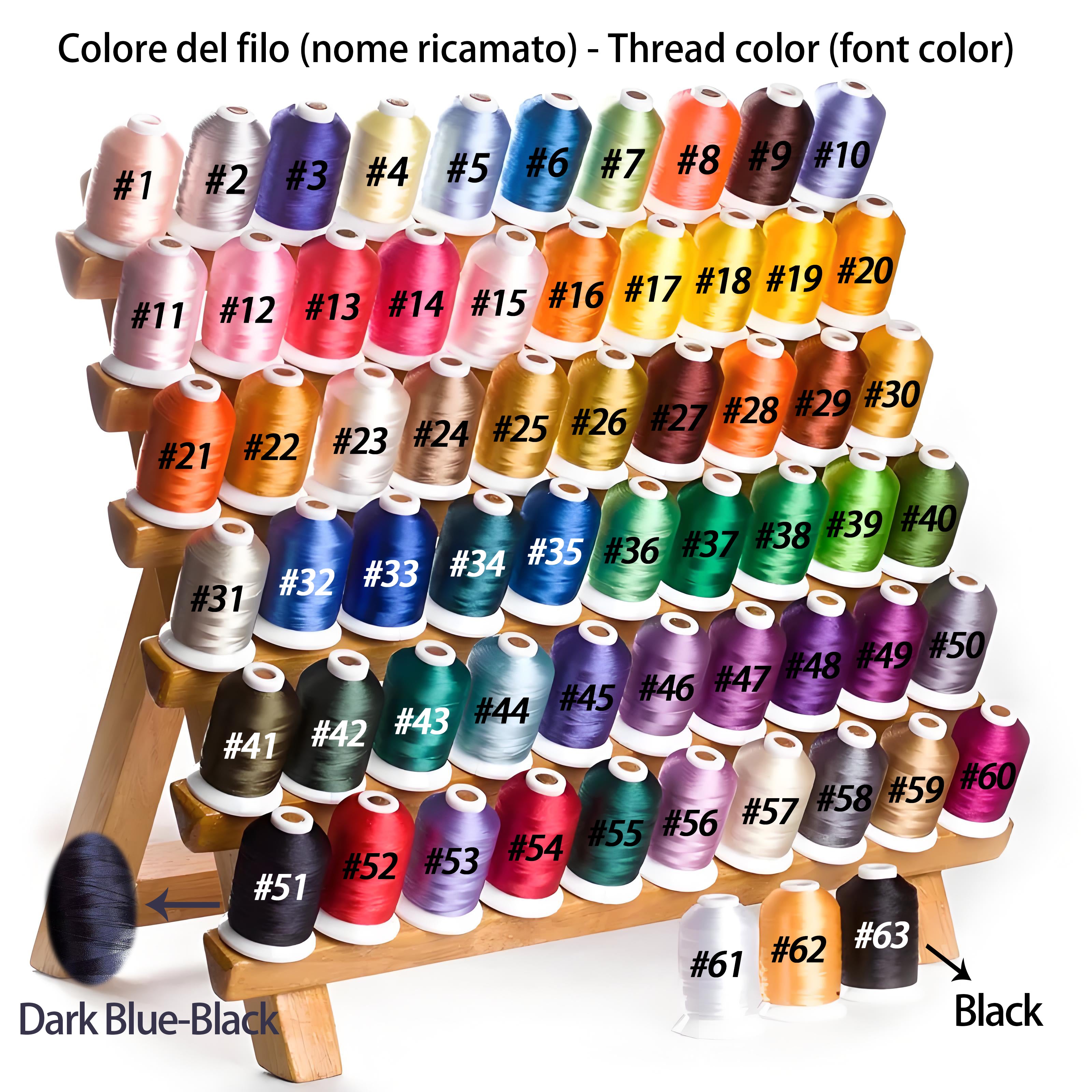 Thread color chart: 63 embroidery options to personalize your linen apron with colorful names.
