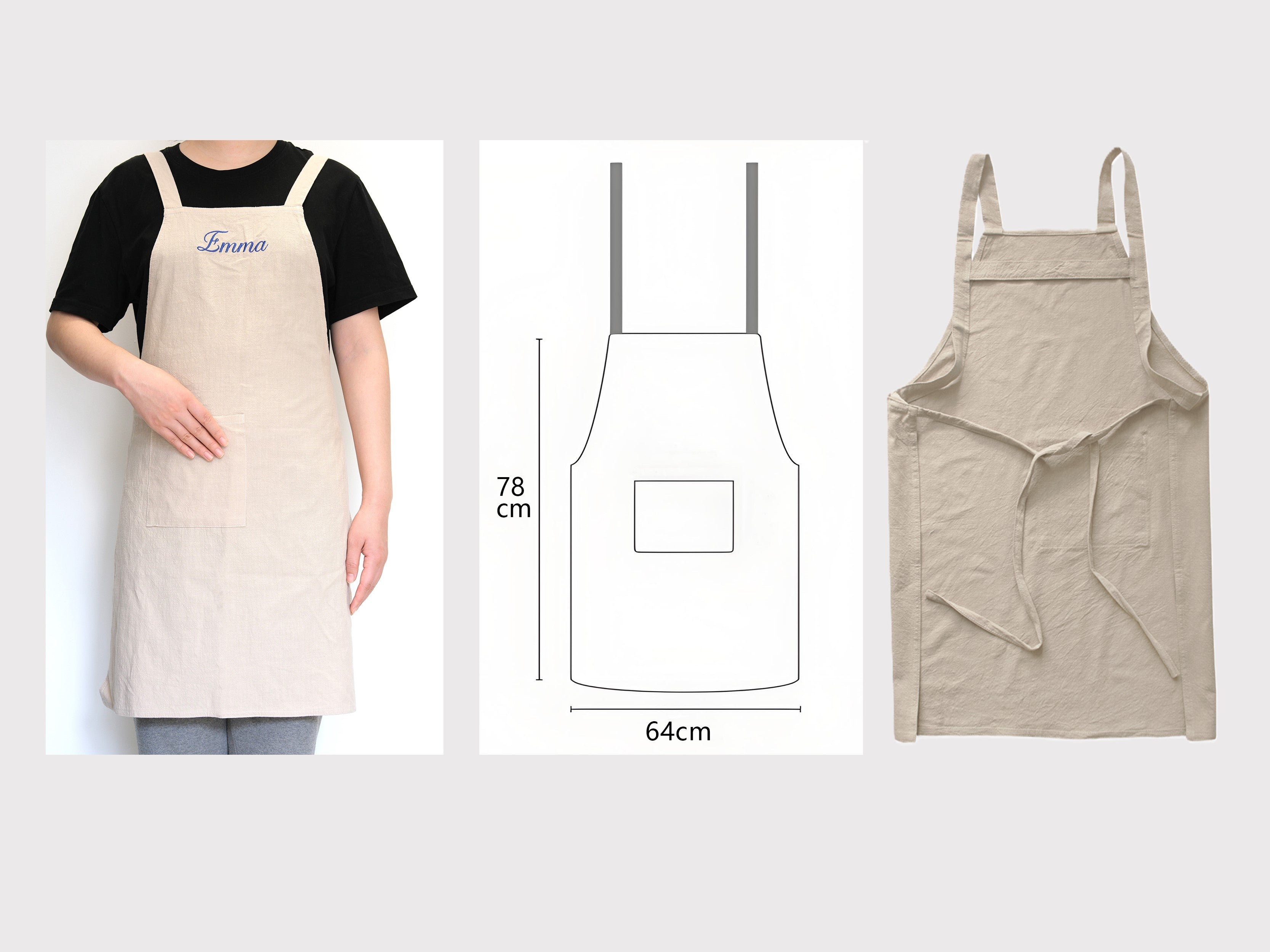 Size guide: Personalized linen apron measuring 78x64 cm, featuring a comfortable fit on a model and a cross-back strap design.