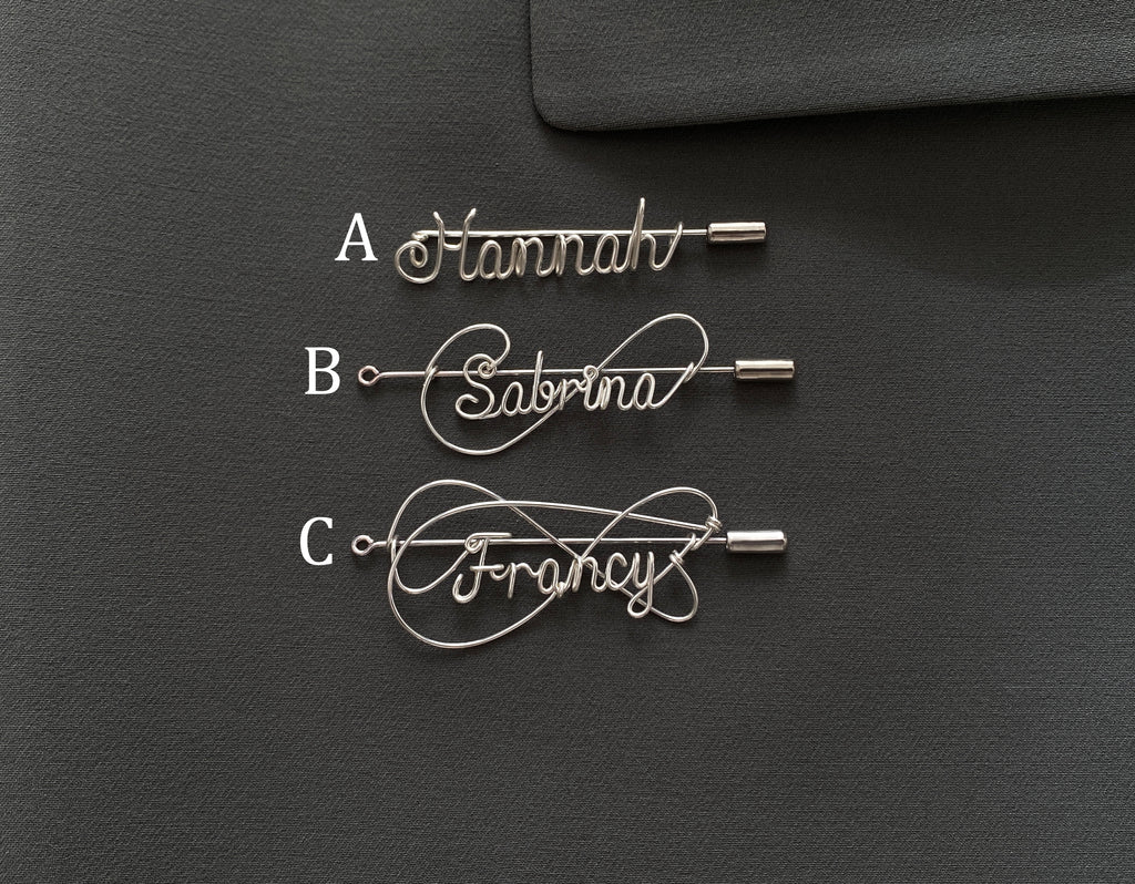 Comparison of three silver personalized name pin styles (A, B, C) on a dark green jacket, selection guide.